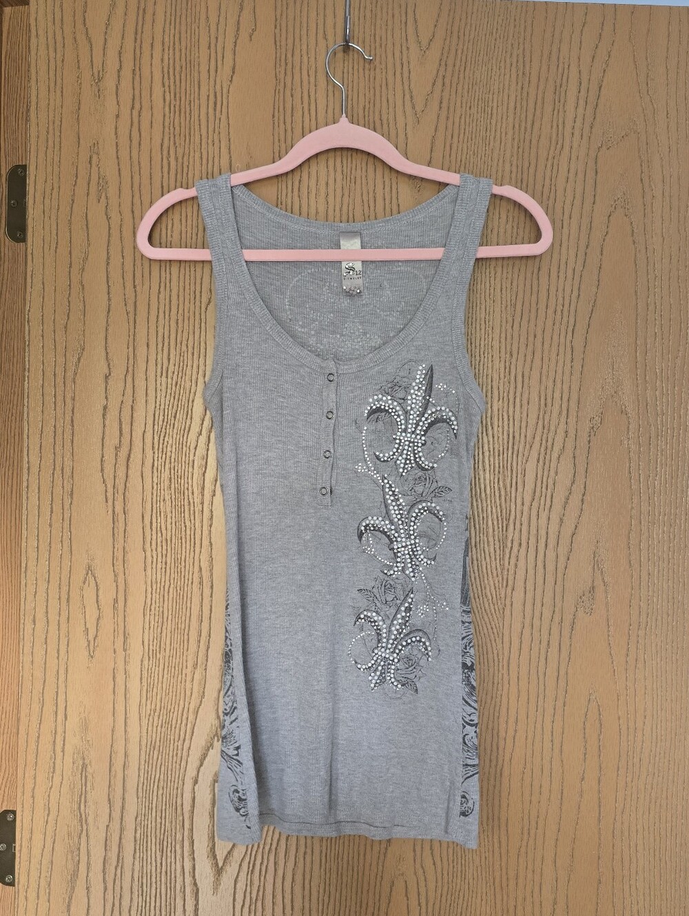 S-Twelve Y2k Gray Rhinestone Fleur-de-Lis Tank Top